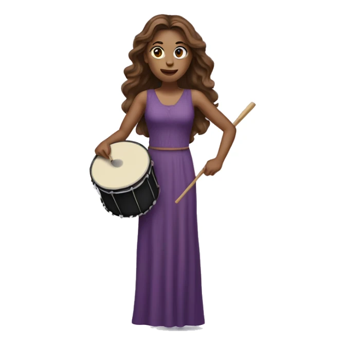 White woman standing with long flowing purple dress and long wavy brown hair holding a small handheld frame drum and a drum stick sticker