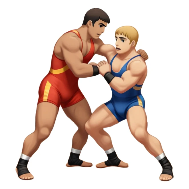 An icon symbolizing Greco-Roman wrestling, showing two wrestlers locked in a powerful grip, focusing on upper-body techniques. The background features a wrestling mat, with the athletes wearing traditional singlets. Transparent background highlights the strength and skill of the sport. sticker