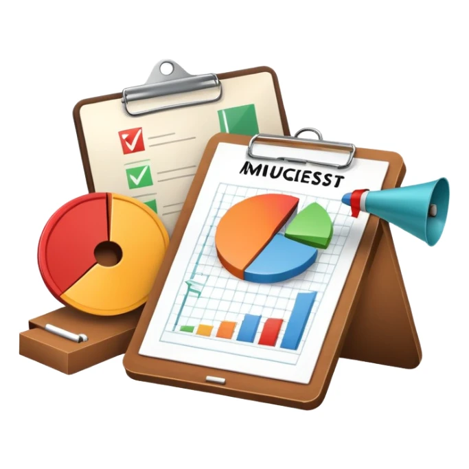 An icon featuring a pie chart, a clipboard with a checklist, and a megaphone, symbolizing management and marketing. The design includes upward-trending graphs and a target with an arrow, representing strategy and success. Transparent background highlights business organization and promotion. sticker