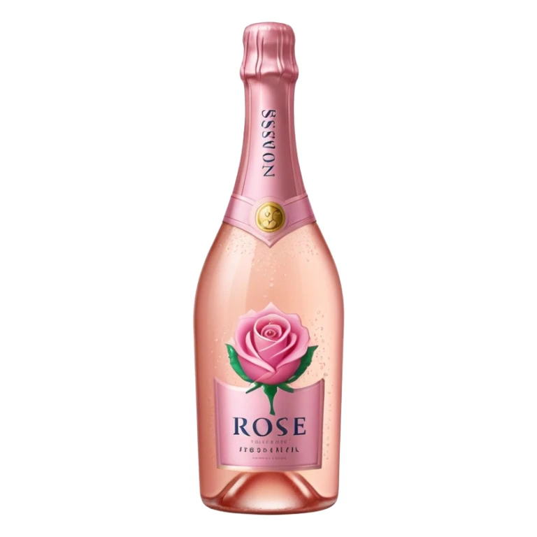 bottle of sparkling rosé with a rose logo on the label, angled to the left, no glass sticker