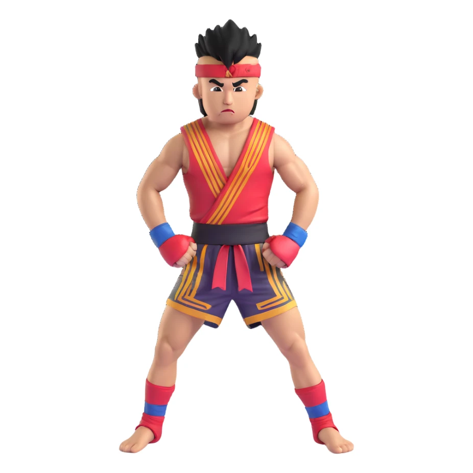 Rodtang Jitmuangnon with mohawk, intense expression, muscular build, in fighting stance, wearing mongkhon headband and Muay Thai shorts sticker
