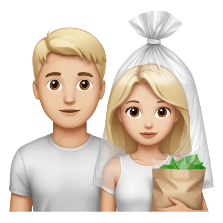 Blonde guy and blonde girl with brown eyes holding a plastic bag sticker