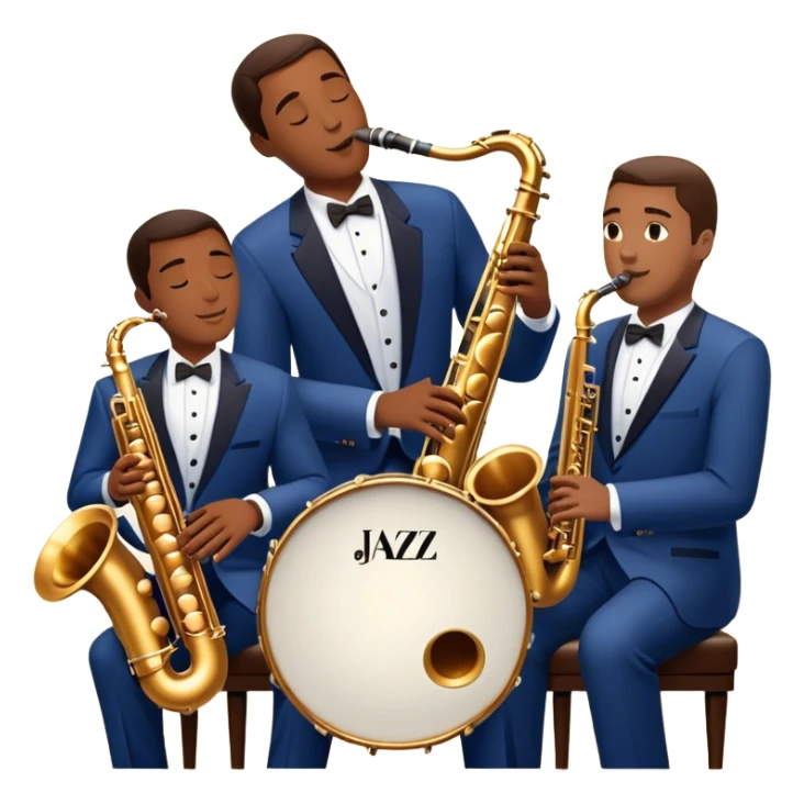 Icon for Jazz Music: The Jazz Messengers, featuring a dynamic composition with Art Blakey on drums and musicians playing saxophone, trumpet, and piano. Musical notes and a warm jazz club atmosphere emphasize the vibrant hard bop style. Transparent background. sticker