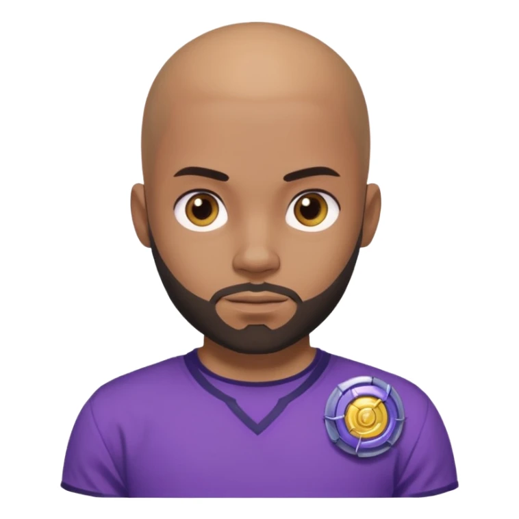 um jovem negro, careca, com barba, com um olhar confiante e olhando para frente, usando uma camisa roxa mostrando o seu beyblade. sticker