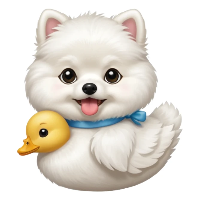 White Pomeranian carrying  a stuffed white toy duck in his mouth sticker