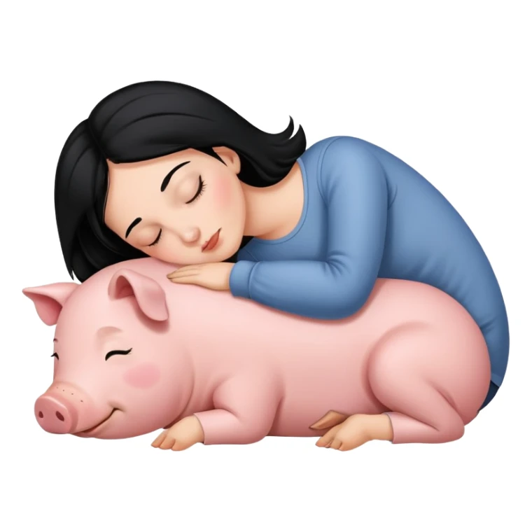 One Woman with Black hair is sleeping next to a pig sticker