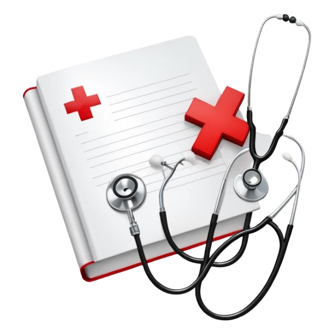 An icon featuring a red cross, a stethoscope, and a syringe, symbolizing medicine. The design includes a medical book, a heartbeat monitor, and a pill, representing the study and practice of healthcare, diagnostics, and treatment. Transparent background highlights the science of healing. sticker