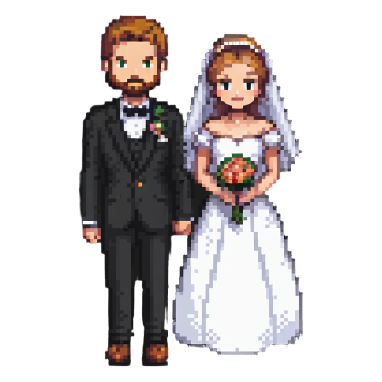 pixel art bride and groom, retro game style sticker