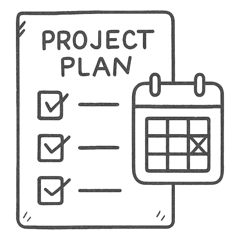hand-drawn outline of a project plan with checklist and calendar sticker
