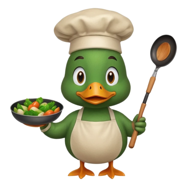 A duck holding a frying pan with sizzling vegetables, wearing green apron sticker
