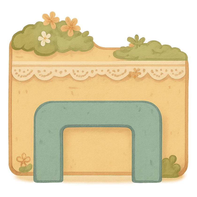 A whimsical File Explorer icon in matching cottagecore style: folder with blue arch, covered in moss, tiny flowers, and lace, rustic and homey, no text, transparent background. sticker