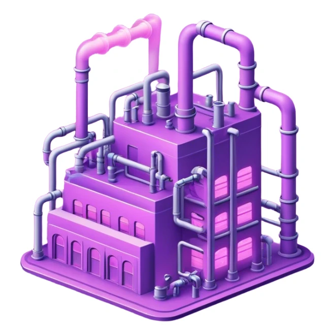 AI-powered factory. It should be a building with pipes. Add light violet neon glowing symbolizing power of AI sticker