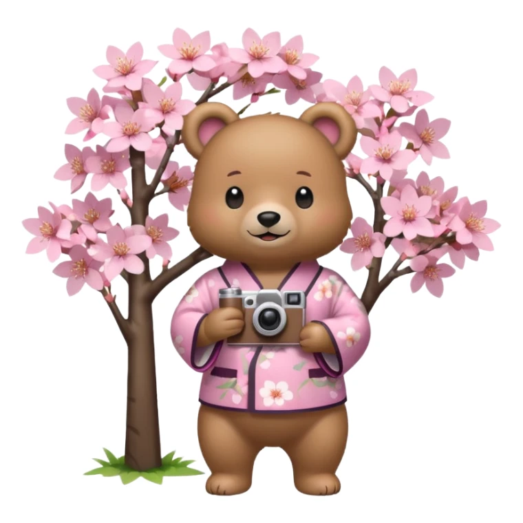 A cute light-brown bear wearing a pastel pink sakura-patterned kimono, normal balanced body ratio.  
Standing under a blooming sakura tree, holding a small camera and taking a picture with a happy smile.  
Kawaii emoji style, minimalistic clean sticker illustration, simple scenic background.
 sticker