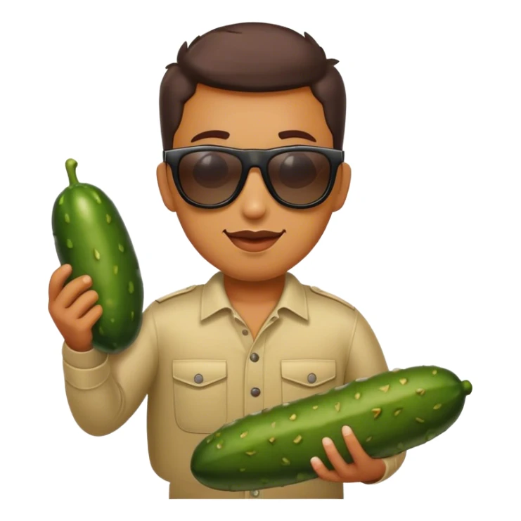Person with sunglasses on with a big pickle sticker