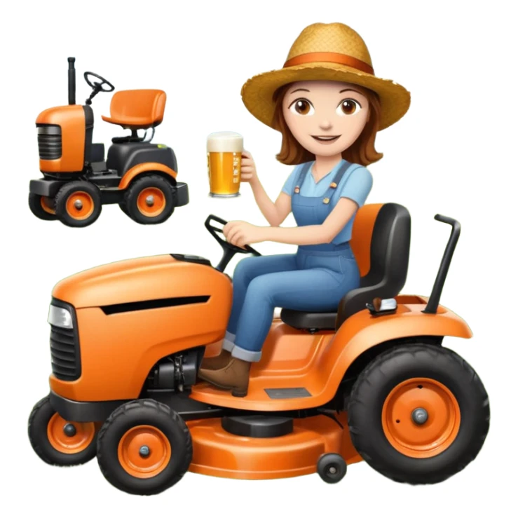 White woman with brown hair, without glasses wearing a straw hat, on old orange ride on lawn mower, holding a beer with one hand and holding the steering wheel with the other hand. Woman is smiling. Lawn mower has “Westwood” written on the engine cover sticker
