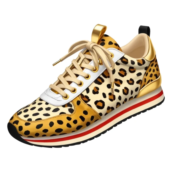 Realistic, isolated, side view, womens trendy cheetah print sneaker, with gold elements, undone laces, ultra detailed shoe sticker