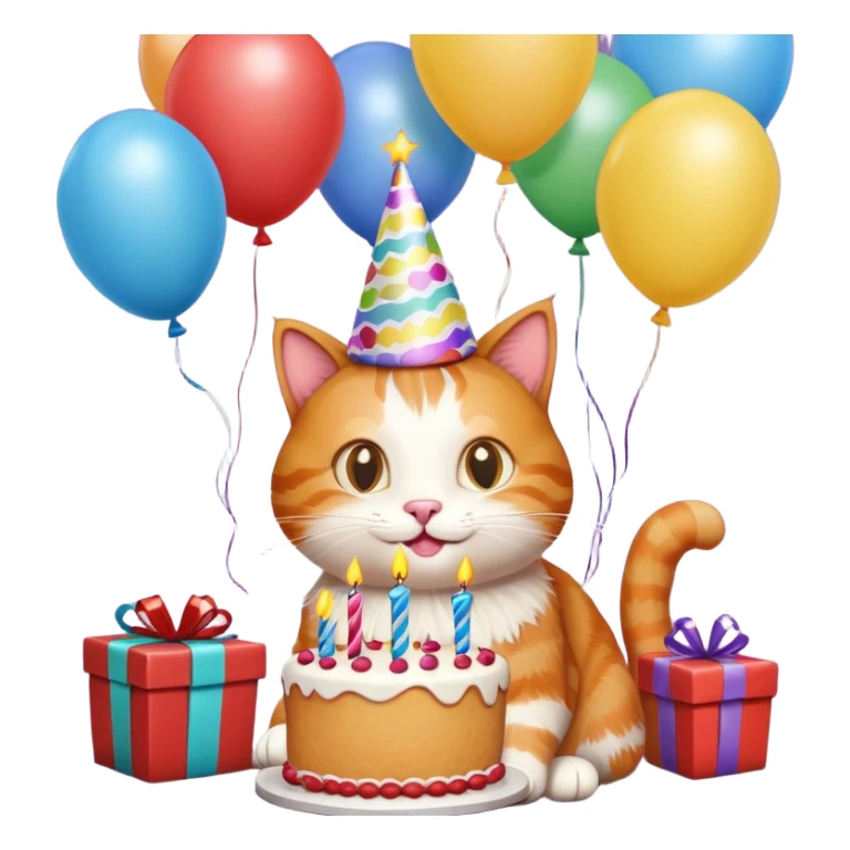 Ginger cat celebrates birthday, birthday hat, birthday cake, balloons, happy, gifts sticker