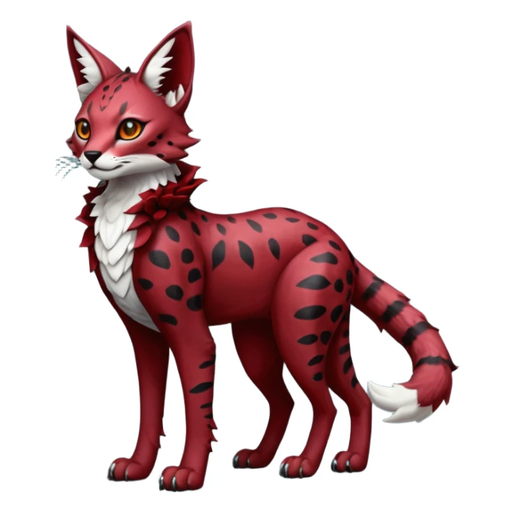Epic complex knightly divine glorious futuristic detailed dark dusky gloomy deep gothic red, realistic Fakémon-Sprigatito-Floragato-Meowscarada-Trico-Sergal-Serval-Vernid-creature (full body) sticker