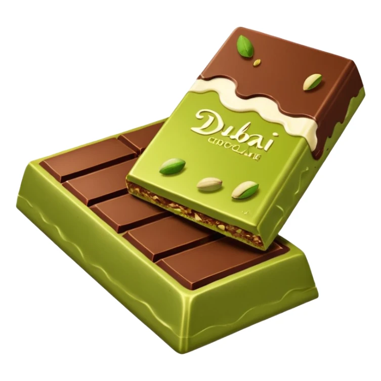 a dubai chocolate bar broken in half with pistachio and kataif paste coming out of it sticker