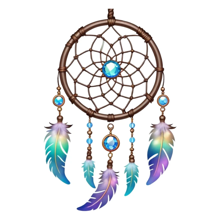 Iridescent shiny transparent crescent nebula Dreamcatcher-suncatcher hanging from a thread, with gemstones sticker