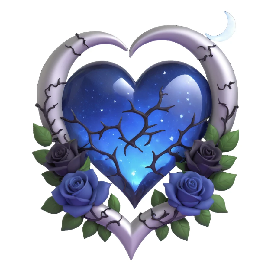 gothic heart, midnight blue glass, silver crescent moon, black roses, stardust, lightning, rain, cracked glass, crystal style sticker