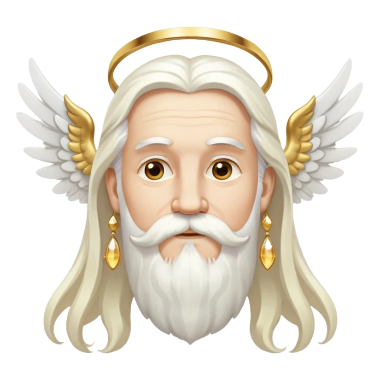 Wise deity with white angel wings, long white hair, beard and mustache, wearing gold drop earrings, heavenly appearance sticker
