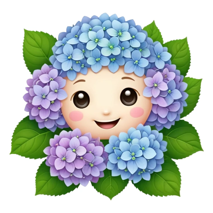 Adorable cute hydrangea flower with happy face, puffy round cluster of pastel colored tiny blooms, cheerful appearance, and cute little green leaves sticker