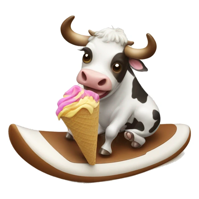 Cow surfing on a beach and eating an icecream sticker