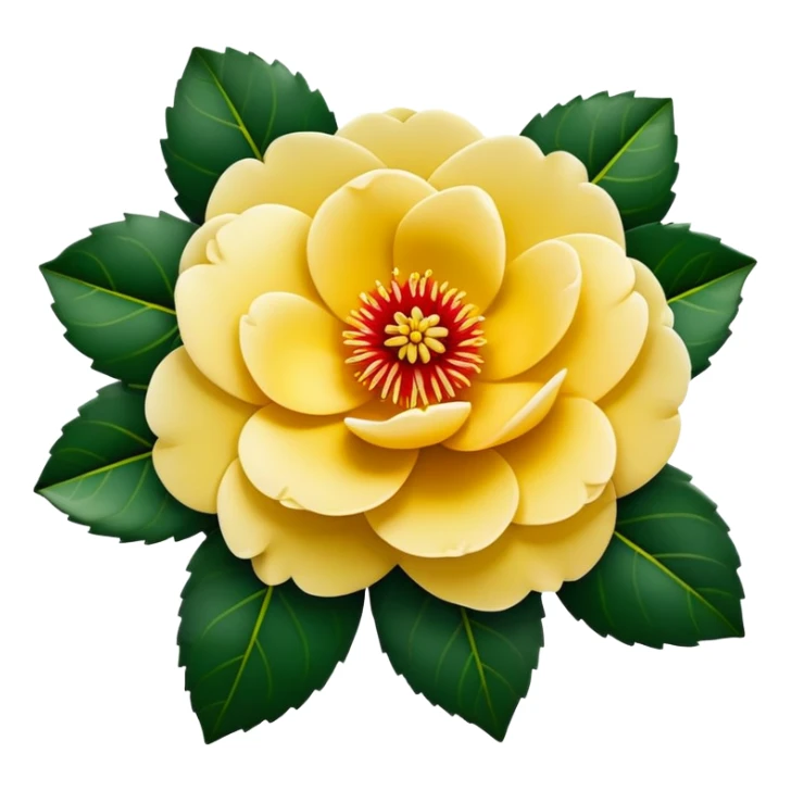 Classic camellia flower with perfectly arranged overlapping red petals, distinctive yellow stamens in center, and serrated glossy dark green leaves sticker