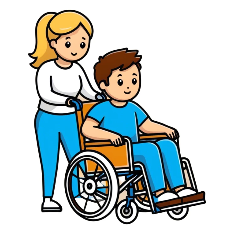 Brown haired man in a wheel chair with blonde haired mom pushing sticker
