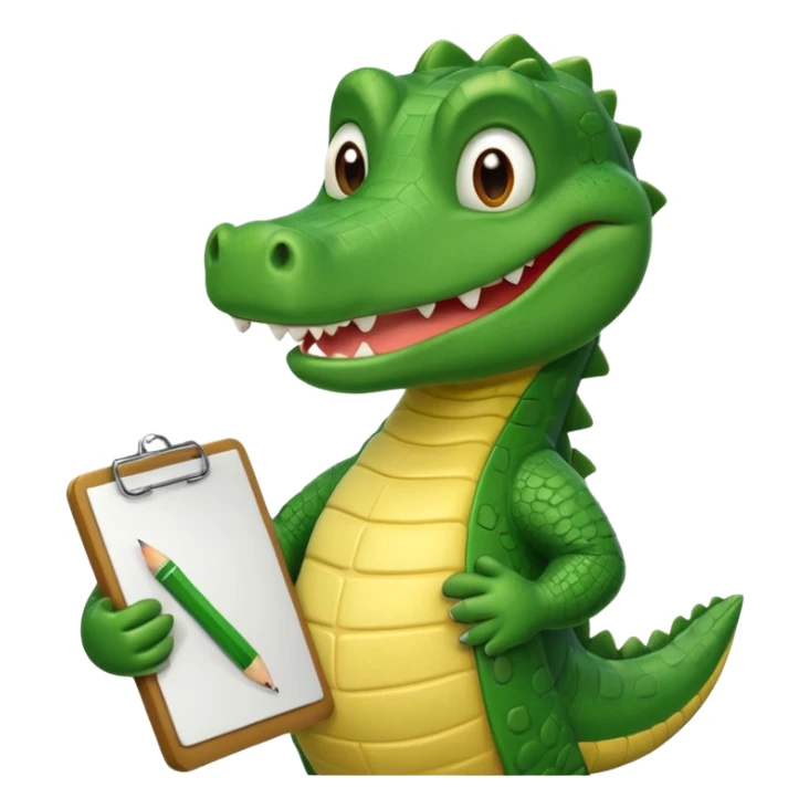 A cartoon gator with a clipboard and a pencil against a light green circle background sticker