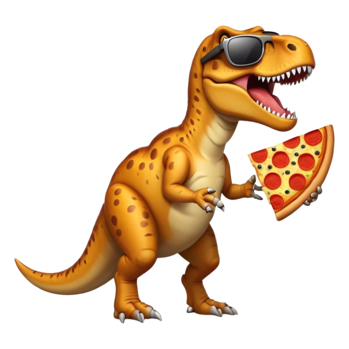 A T. Rex wearing sunglasses carrying a big slice of pizza sticker