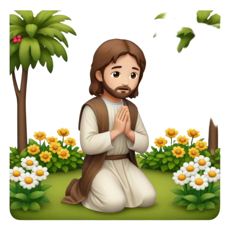 Jesus kneeling to pray in a garden, emoji style sticker