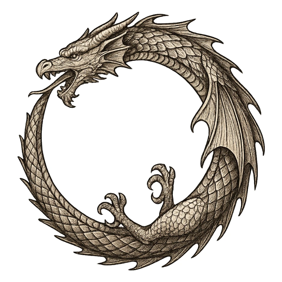 intricate ouroboros dragon forming a circle, mythological style, detailed and elegant sticker