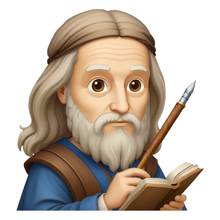 cinematic-realistic-leonardo-da-vinci-portrait-emoji,-depicted-as-the-quintessential-renaissance-polymath-with-deep,-thoughtful-eyes,-a-flowing-beard,-and-a-quill-or-sketchbook-in-hand.-the-scene-is-illuminated-with-warm,-classical-light sticker