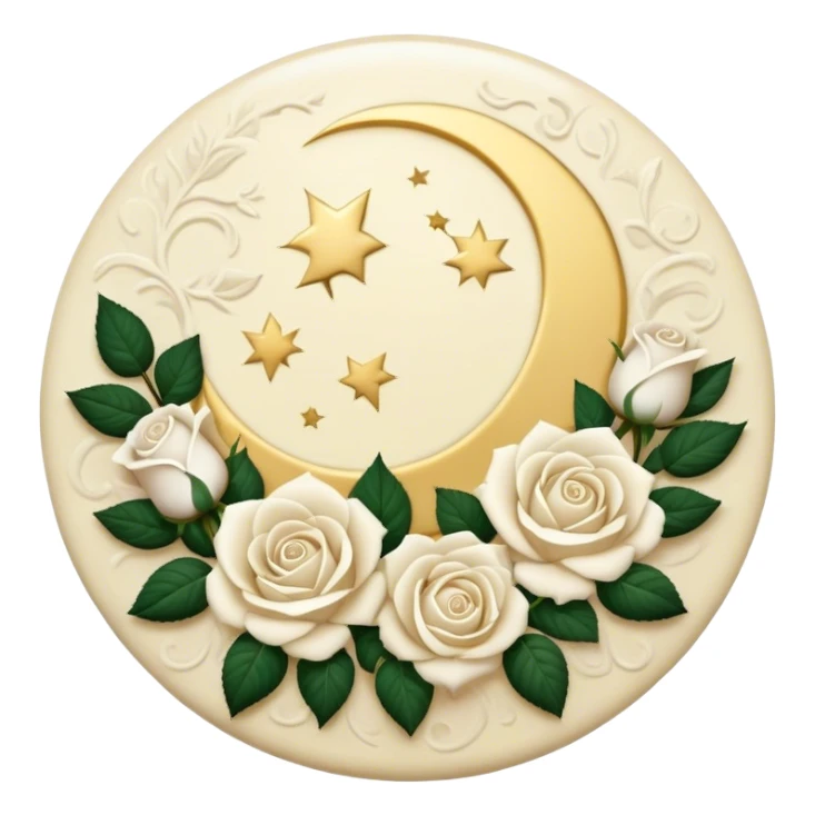 A round cream button with a full damask style moon and white roses in the center sticker