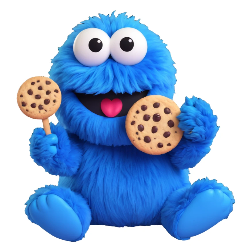 cookie monster, vibrant blue fur, big googly eyes, holding a cookie, playful expression, simple background sticker