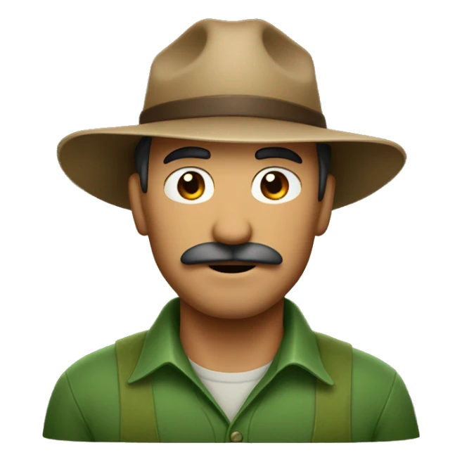 a man with a thin mustache wearing a brown farmer's hat. His job is a farmer and he wears green clothes. sticker