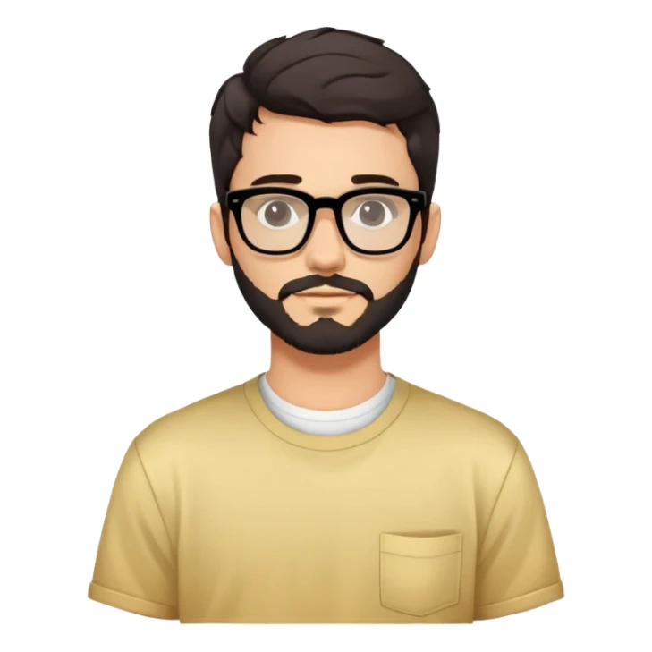 young adult man with light skin, short beard, dark wavy hair, relaxed expression, very wide rectangular glasses with thick black acetate frame and thick double bridge, retro oversized style, colorful open shirt and white t-shirt sticker