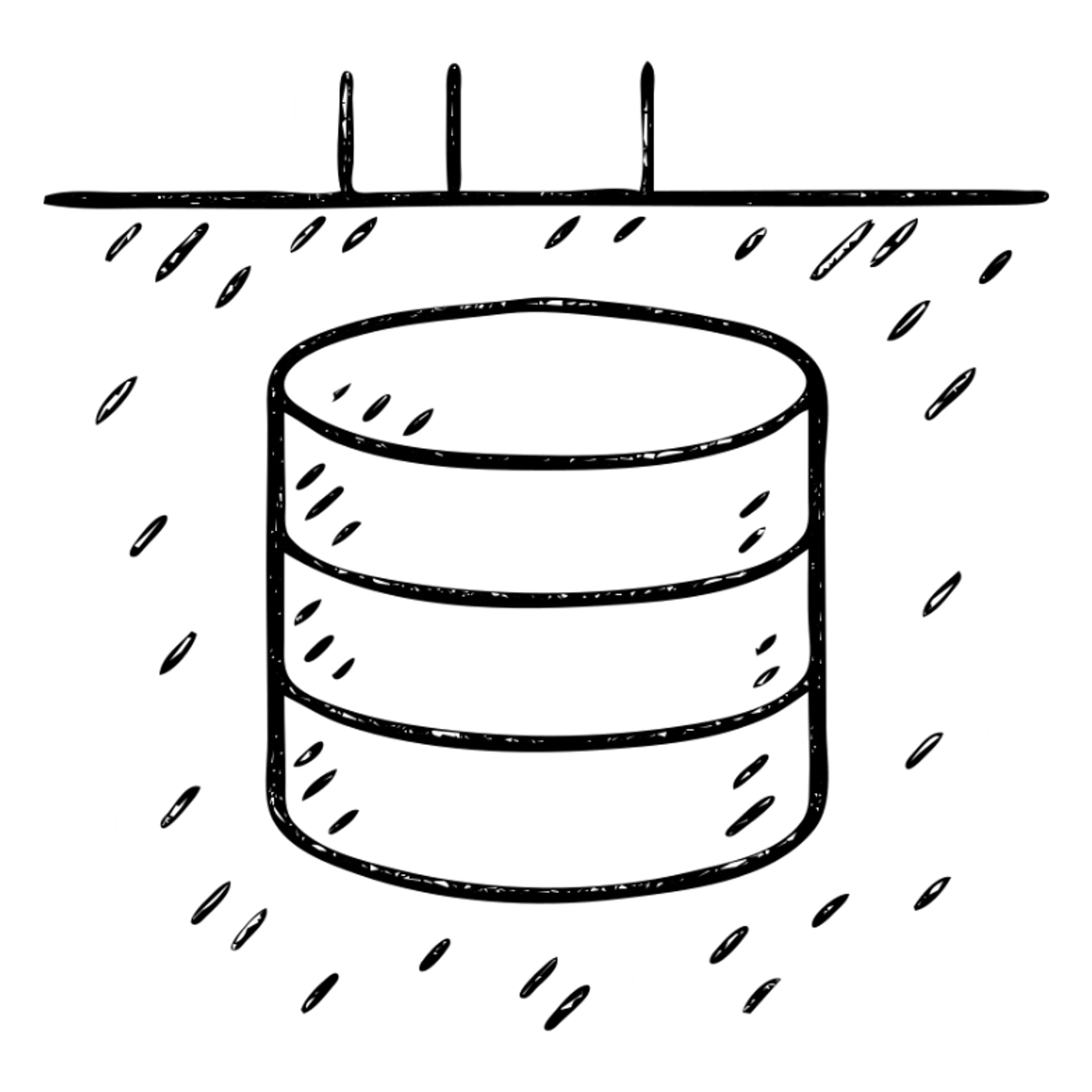 minimalist hand-drawn outlined icon of a database cylinder in a basement or underground setting, worn distressed effect sticker