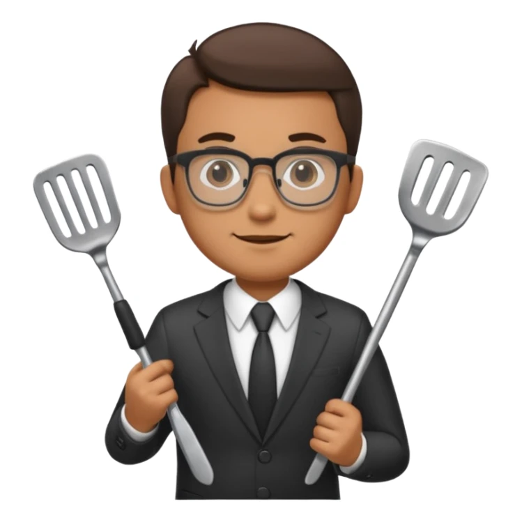 man with glasses wearing a suit and holding a grilling spatula sticker