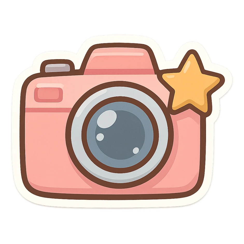 chibi sticker-style camera with a star accent, cute and exaggerated sticker