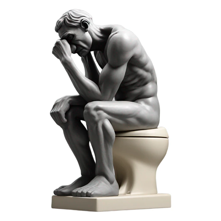 rodin sculpture the thinker but he's sitting on a toilet which is the same color as the man, and his head is resting forward on the top of his right hand sticker