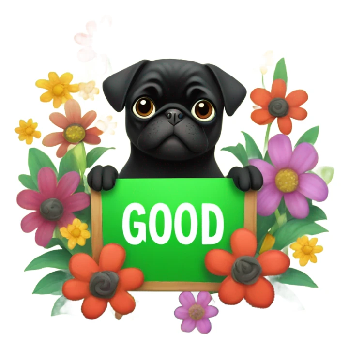 Black pug , surrounded by flowers, holding a green sign that says “good luck”  sticker