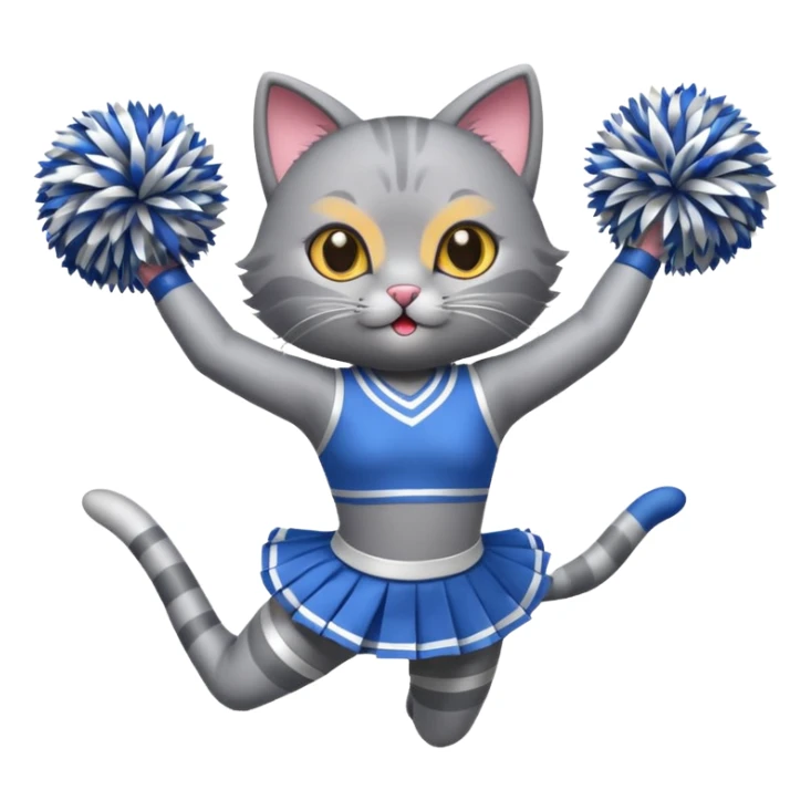 A sleek grey cat cheerleader twirling pom-poms with confident energy. sticker
