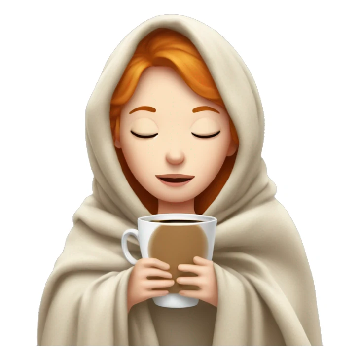 ginger girl with blanket over her head with a coffee and eyes closed sticker