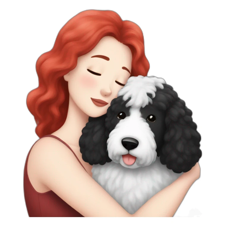 black-and-sheepadoodle-having-a-really-big-cuddle-with-white-lady-with-red-long-hair sticker