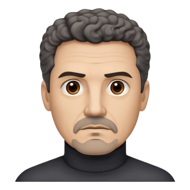 Man in his 50s with light brown complexion. Strong square jaw. Stern dark eyes with intense gaze. Thick eyebrows in a focused expression. Black goatee with gray streaks. Short curly dark hair with receding hairline. No smile, authoritative look. Wearing a black turtleneck. sticker