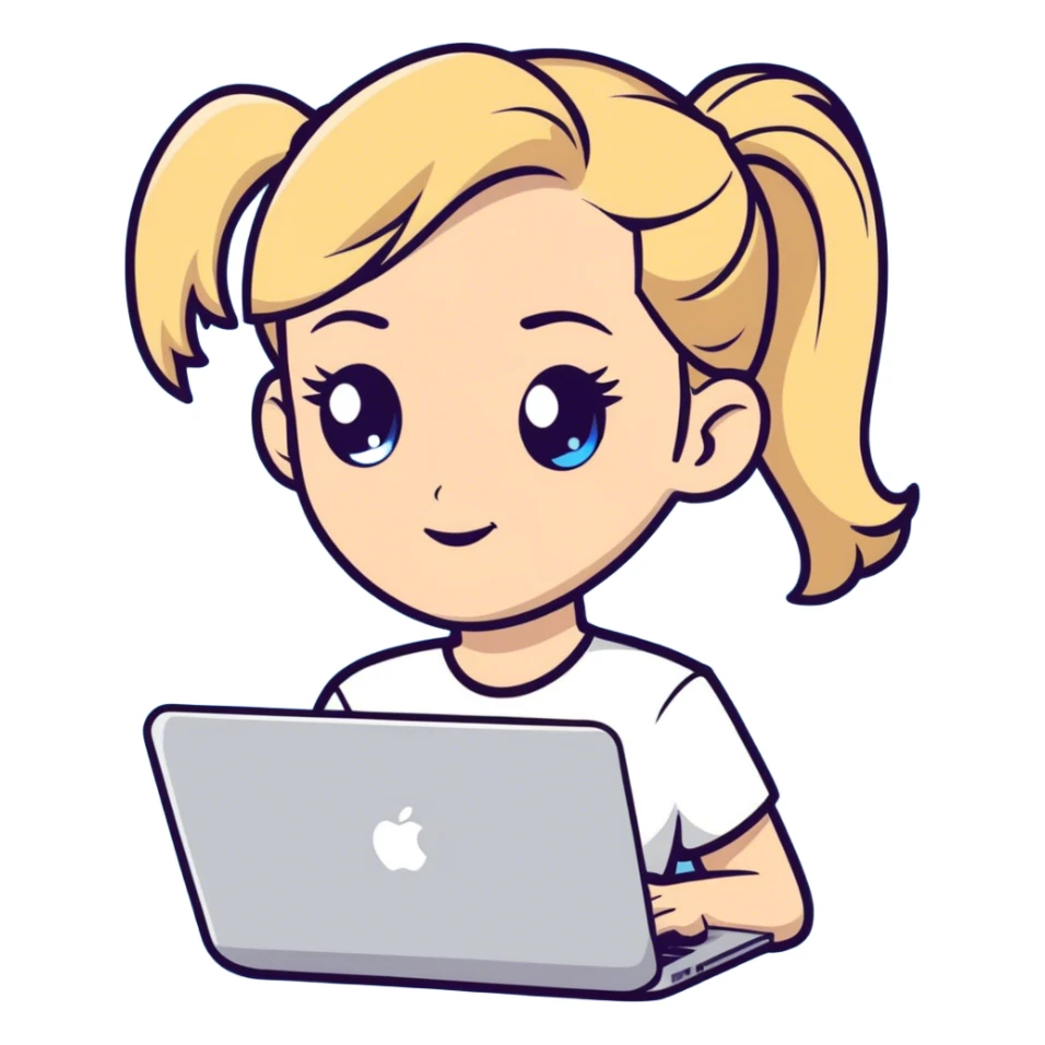 Blonde woman ponytail blue eyes with MacBook sticker