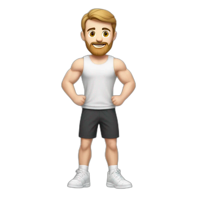Full height Actively gesturing with hands Pale skinned Fit Man With the biceps and brown hair in dark gray Sleeveless Mike, black oversize sports shorts and white Sneakers sticker